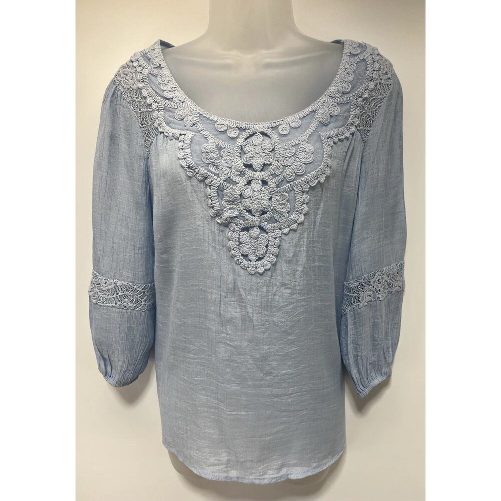 Indigo Rose M Blue Long Balloon Sleeve Crochet Lace Floral Embroidered Top